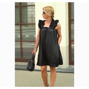 Monica Nera Maya‎ Mini Dress Black Ruffle Sleeves Cotton Sleeveless Size Large